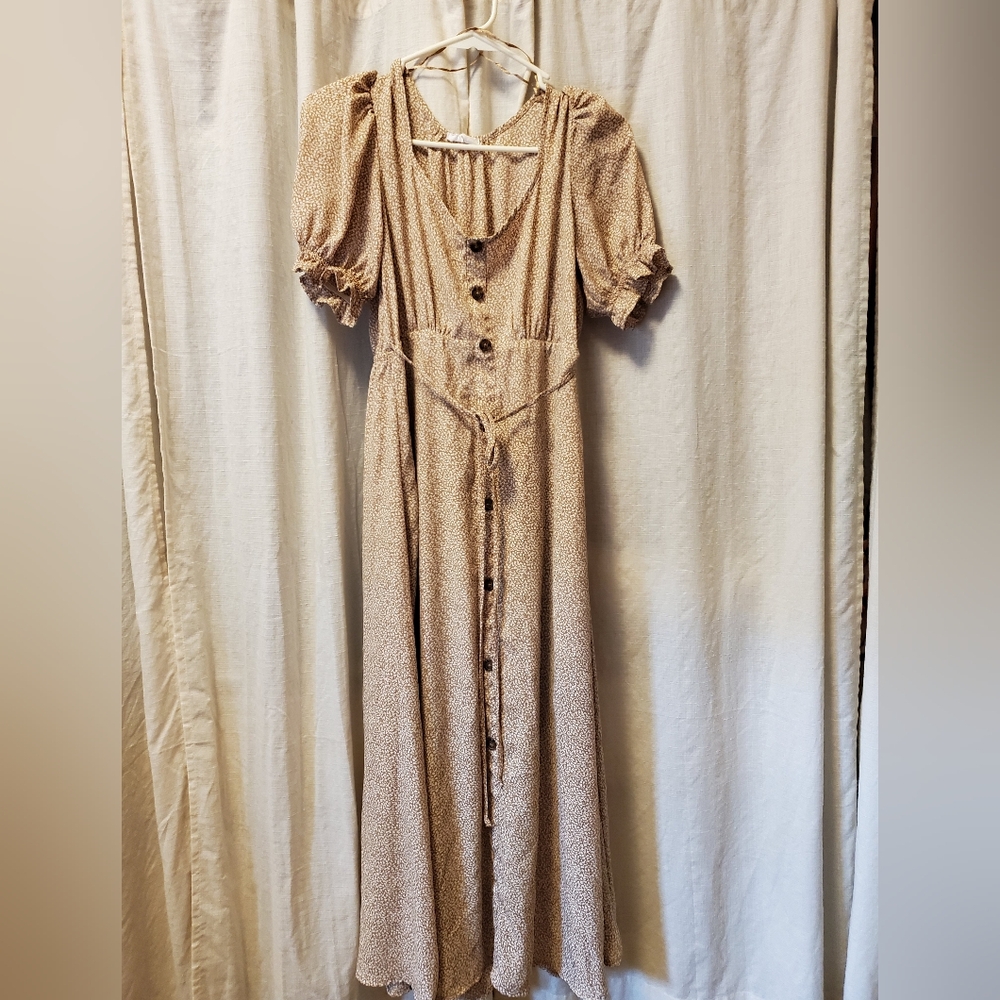 Long Tan Cottage Farm Fall Dress Girly Cottagecore Flowy Modest